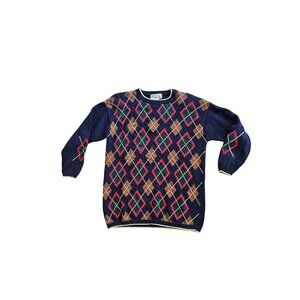 Vintage Milano Navy Argyle Sweater Ramie Sz M Preppy Academia Normcore 80s 1980s